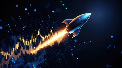Obraz premium Rocketing Bitcoin: Bitcoin price graph featuring a rocket symbol and a steep upward trend line, highlighting the explosive growth in the cryptocurrency market, with a blank area for adding text.
