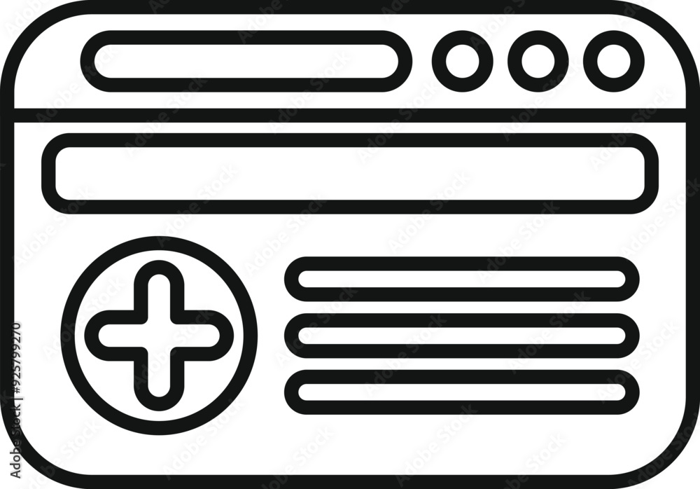 Poster simple outline icon representing a medical website with a cross sign, a search bar and a menu