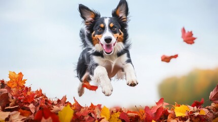 Autumn Leap of Joy:  A joyful Border Collie leaps through a cascade of vibrant autumn leaves, capturing the essence of playful energy and the beauty of the season. 