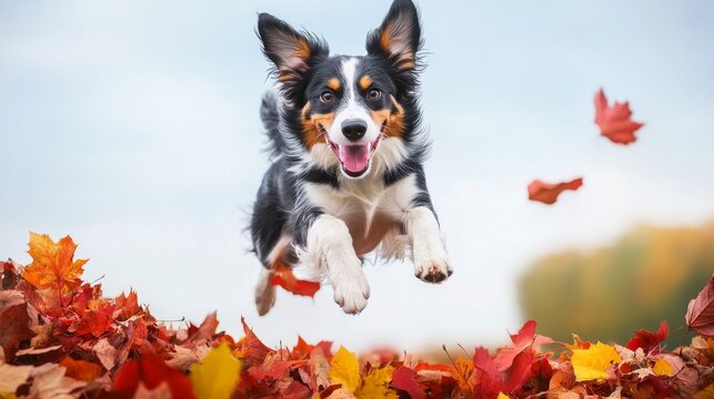 Autumn Leap of Joy:  A joyful Border Collie leaps through a cascade of vibrant autumn leaves, capturing the essence of playful energy and the beauty of the season. 