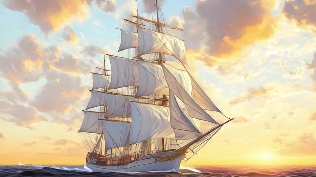 Sailing ship in the sea at sunset