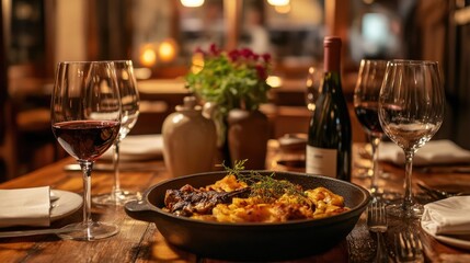 Fototapeta premium Rustic Portuguese dining: A cozy Portuguese restaurant table with Pato as the main dish, surrounded by rustic decor and wine glasses, creating an inviting atmosphere, with space for text.