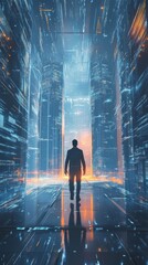 Silhouette of a person walking through a futuristic cityscape with neon lights and an abstract digital ambiance.