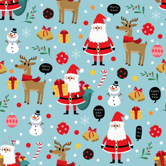 Cute Santa Claus, snowman, deer, gift, candy and Christmas ornament seamless pattern and background. Cartoon holidays background. -Vector