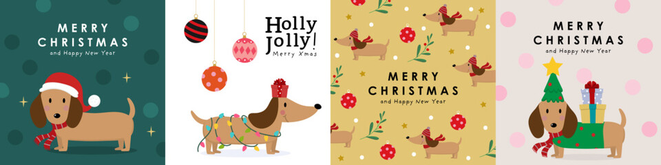 Merry Christmas and happy new year greeting card with cute dachshund puppy in winter costumes. Animal and dog holidays cartoon characters. -Vector
