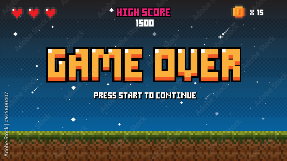 Poster game over insert a coin to continue .pixel art .8 bit game.arcede screen.retro game. for game assets