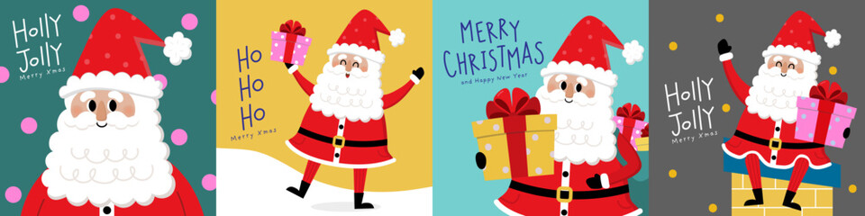 Merry Christmas and happy new year greeting card with cute Santa Claus collection. Holiday cartoon characters set. -Vector