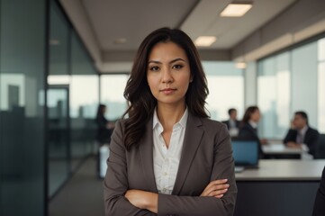 Self-assured Female Professional Crosses Arms Contemporary Workplace 