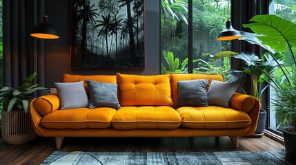 Luxurious and Cozy Modern Living Room with Tropical Plant Decor and Stylish Furniture