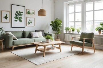 Modern Living Room Interior with Green Sofa, Armchair, and Plants