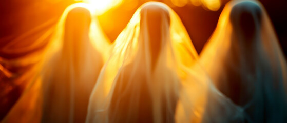 Ethereal figures shrouded in soft veils, evoking a mystical atmosphere with warm golden light illuminating the scene.