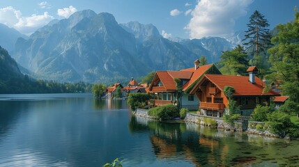 Fototapeta premium Picturesque Lakeside Village with Charming Wooden Cabins and Towering Mountains