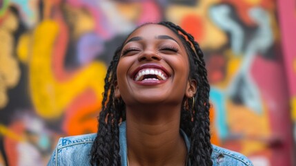Smiling Woman with Braids Against a Colorful Background