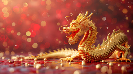 Fototapeta premium Chinese Year Gold New Lunar CNY Dragon 3D Podium