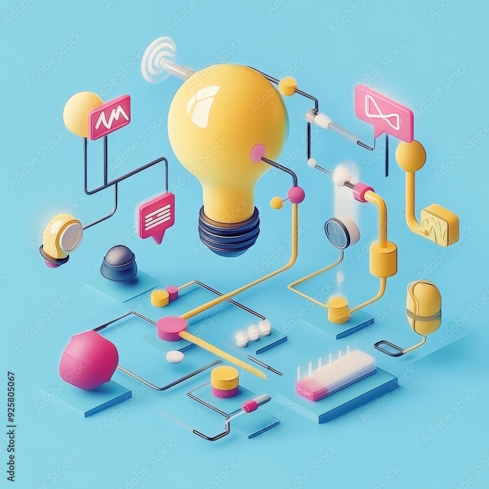 Aufkleber innovative technology concept with lightbulb and abstract connections. 3d rendering of interconnecte