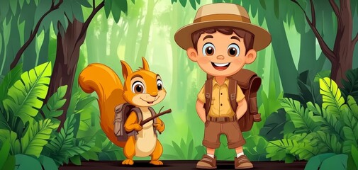Fototapeta premium Curious Explorer A Boy and Squirrel on a Jungle Adventure - Lush Green Foliage, Backpacks and a Stick