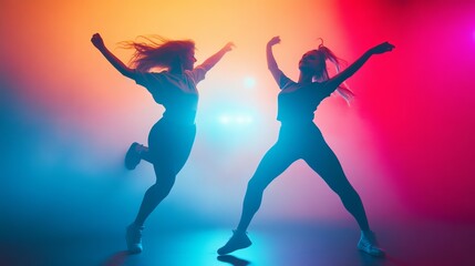 Two Young Women Dancing with Dynamic Poses in a Studio Under Colorful Lights