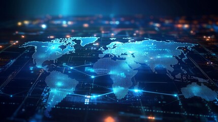 Glowing world map with digital connections and network data, representing global communication and technology concepts.