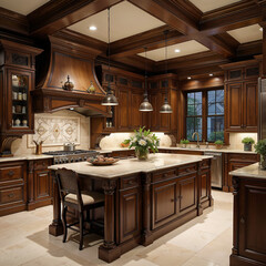 Traditional luxury kitchen with dark wood cabinetry and elegant marble countertops