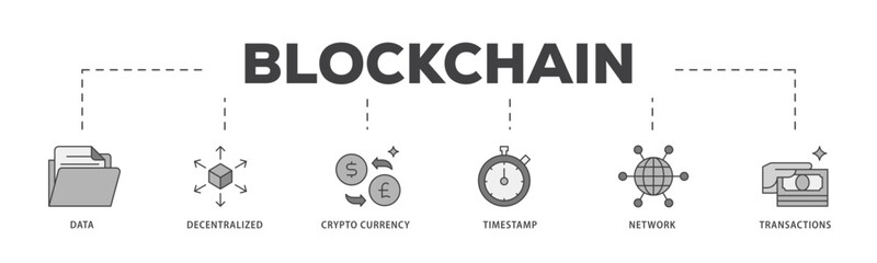 Blockchain icon infographic illustration concept with icon of data, decentralized, crypto currency, timestamp, network and transactions icon live stroke and easy to edit 