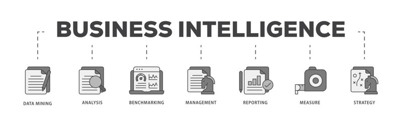 Business intelligence icon infographic illustration concept with icon of data mining, analysis, benchmarking, management, reporting, measure, and strategy icon live stroke and easy to edit 