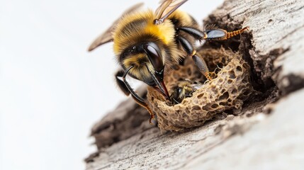 Fototapeta premium A small bee nest carefully built on a wooden surface, with a worker bee tending to it, the rough texture of the wood contrasting with the fragile structure of the nest