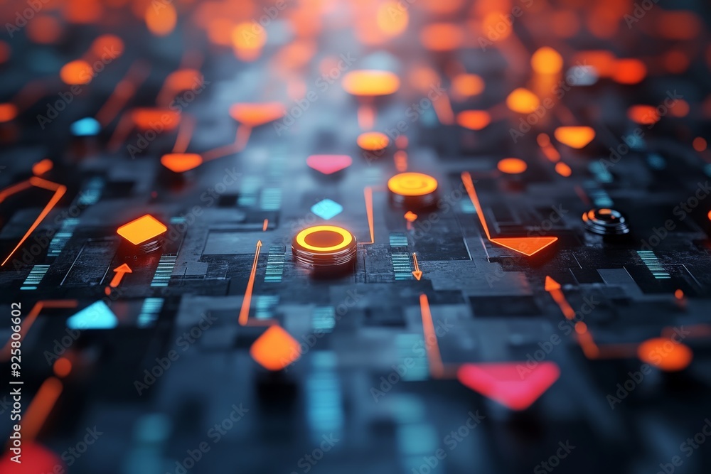 Poster futuristic technology circuit board with glowing geometric shapes and neon lights. concept of digita