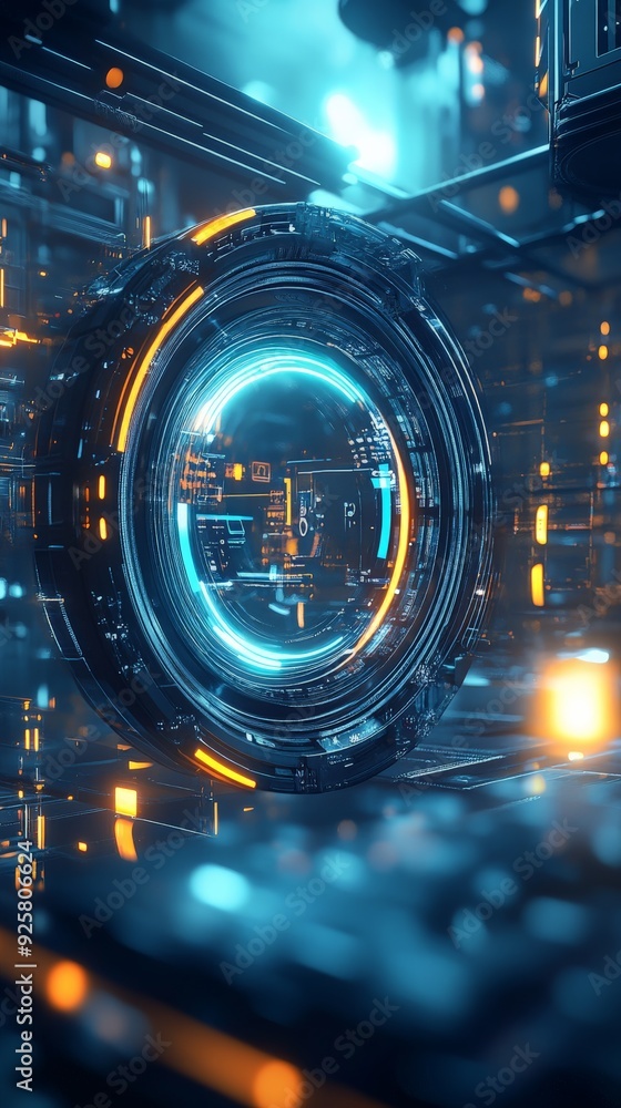 Poster futuristic technology background featuring a glowing circular interface with neon lights and digital