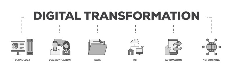Digital transformation icon infographic illustration concept with icon of technology, communication, data, iot, ict, automation, internet, and networking icon live stroke and easy to edit 