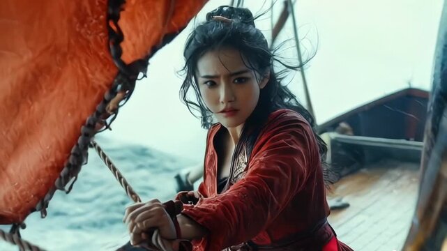 Intense asian woman pirate captain steering ship in rough sea