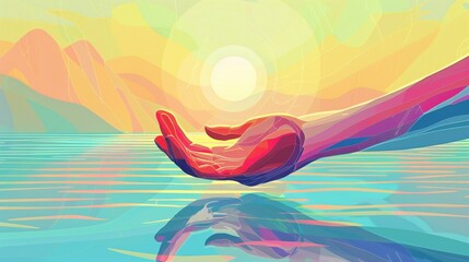 Obraz premium Colorful artistic hand reaching towards the sun over serene wate