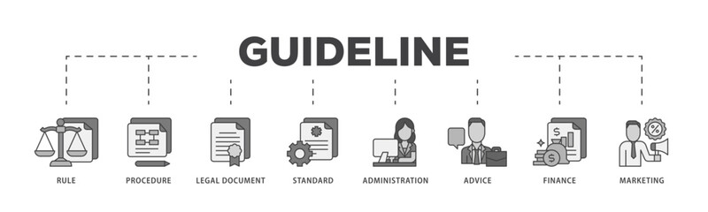 Guideline icon infographic illustration concept with icon of rule, procedure, legal document, standard, administration, advice, finance, marketing icon live stroke and easy to edit 