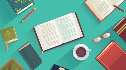 Flat lay of books, coffee, and glasses on a green surface. Perfe