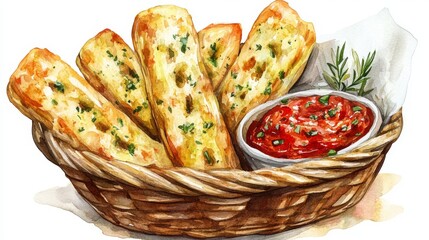 A basket of garlic breadsticks with a side of marinara sauce in watercolor style, isolated on white background