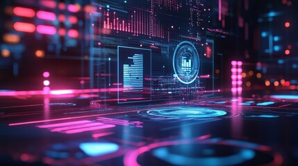 Futuristic digital interface with holographic data, neon lights, and technological elements. Perfect for tech, innovation, and cyber themes.