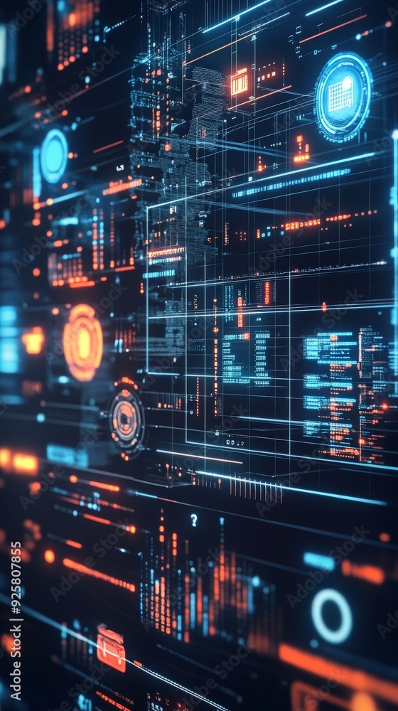Poster futuristic digital interface with glowing red and blue graphics and data on a dark background, highl
