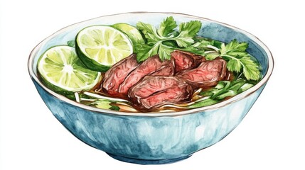 A bowl of pho with beef slices, herbs, and lime in watercolor style, isolated on white background
