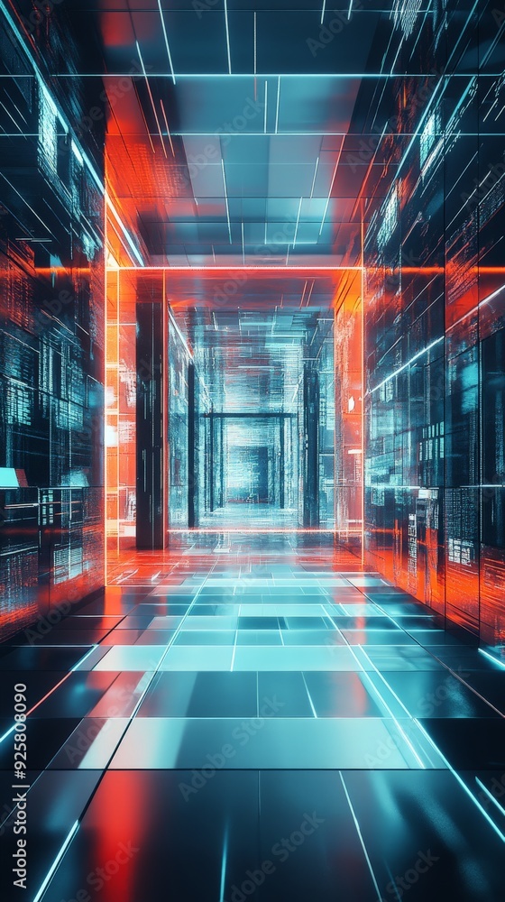 Poster futuristic digital hallway with glowing neon lights and abstract structure, representing advanced te