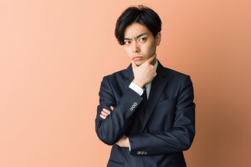 悩む真剣な表情のビジネスマン（戦略・思考・アイデア・疑問・課題・解決）