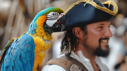 An experienced captain in a leather hat on board his pirate ship at sea, accompanied by his faithful parrot