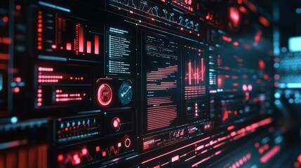 Fototapeta premium Futuristic digital dashboard interface with charts, graphs, and data visualization in red and black tones, representing modern technology.