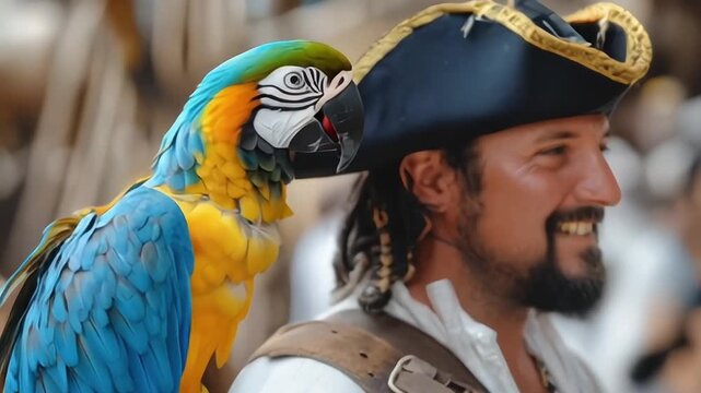 An experienced captain in a leather hat on board his pirate ship at sea, accompanied by his faithful parrot