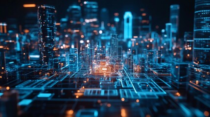 Futuristic digital cityscape with glowing blue and orange circuit lines, representing smart city technology and advanced urban infrastructure.