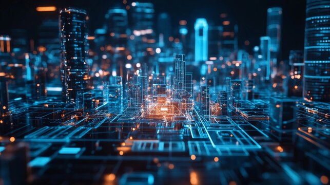 Futuristic digital cityscape with glowing blue and orange circuit lines, representing smart city technology and advanced urban infrastructure.