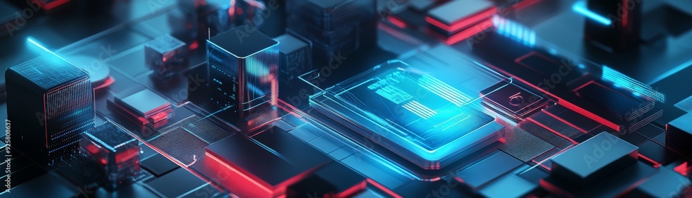 Poster futuristic digital circuit with neon lights abstract technology background showing electronic hardwa