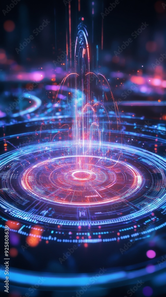 Poster futuristic digital circular interface with glowing neon lights and data streams in a high-tech, sci-