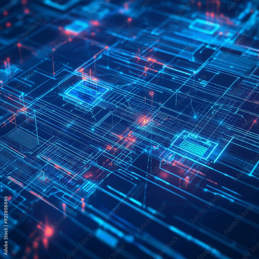 Poster futuristic digital circuit board with glowing blue and red lights, representing advanced technology 