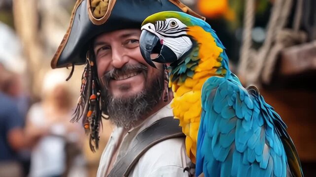 An experienced captain in a leather hat on board his pirate ship at sea, accompanied by his faithful parrot