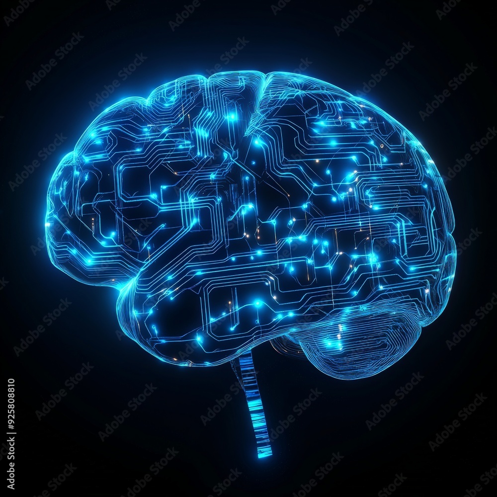 Poster futuristic digital brain with glowing neural network connections, representing artificial intelligen