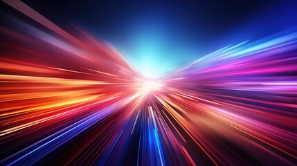 Obraz premium Abstract colorful lines converging in a bright light, representing speed and movement.